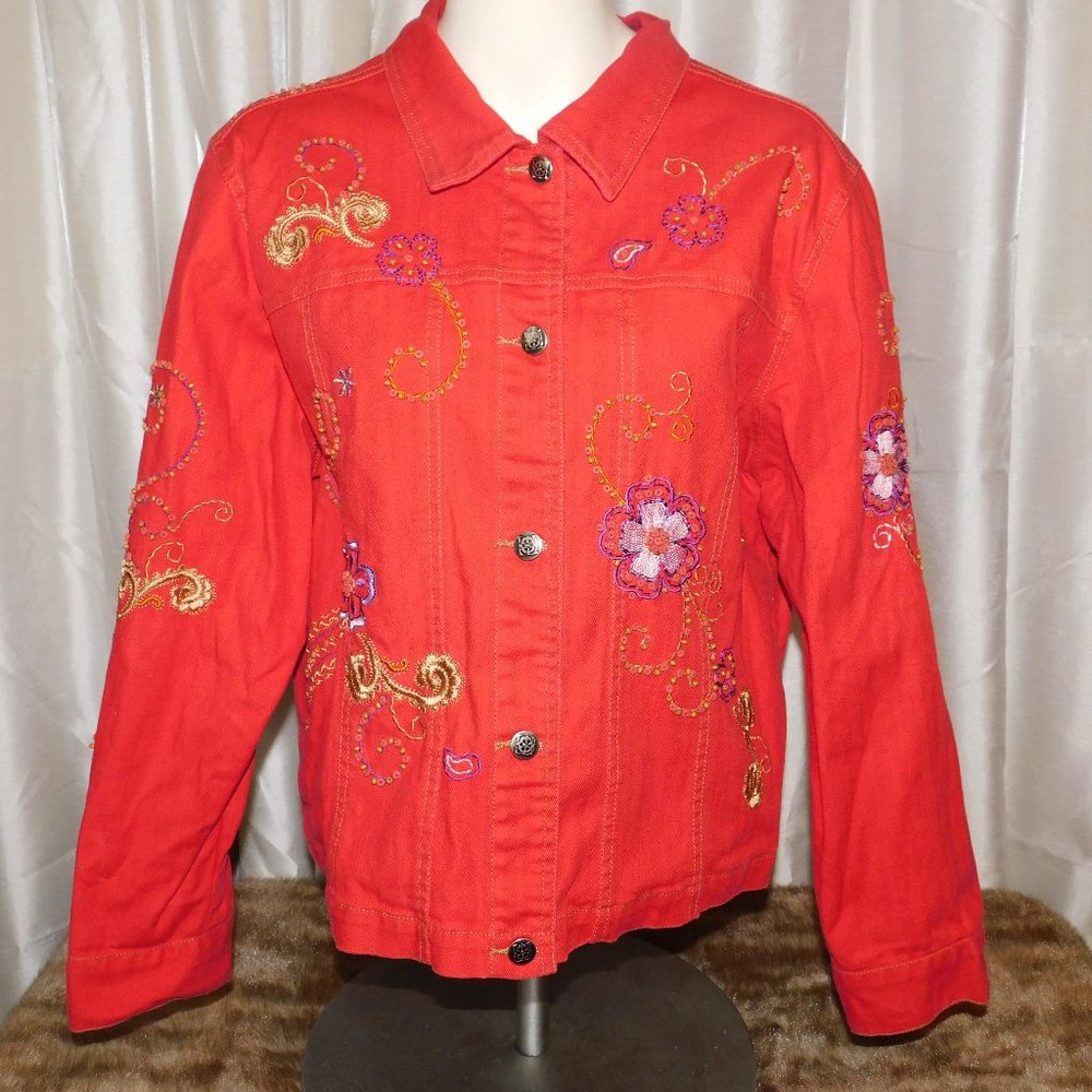GW Jeans Co Red Embroidered Denim Jacket Flowers